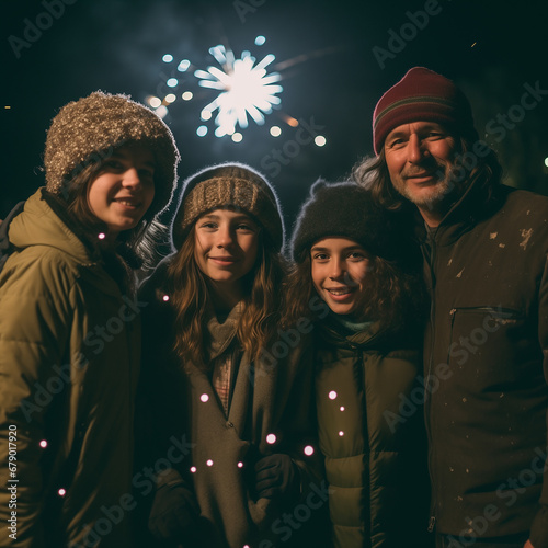 Portrait of happy big family celebrating new year holidays at night © ade