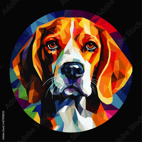 Vector Art Illustration of a Beagle Dog Cubist Style Inside a Circular Frame on a Black Background