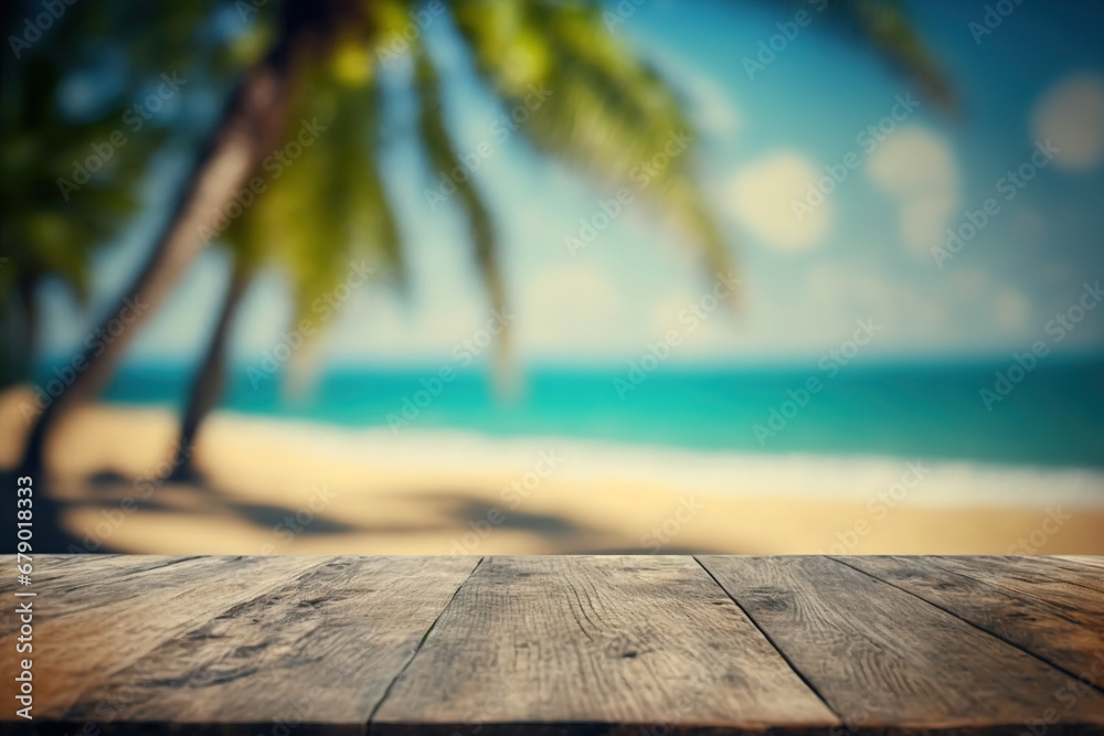 Empty rustic wooden table on blur background of beautiful beach for mockup summer product display or travel ad. Picnic table with customizable space on table-top for editing. Flawless generative ai