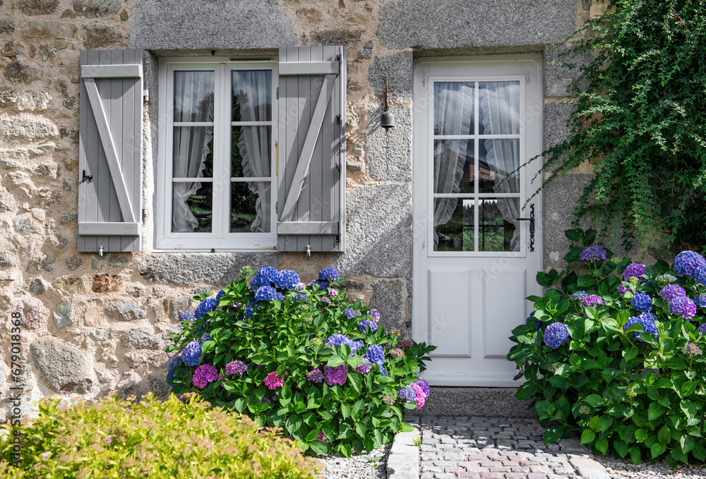 house facade in stone with door and window ornate by an hydrangea blooming in garden