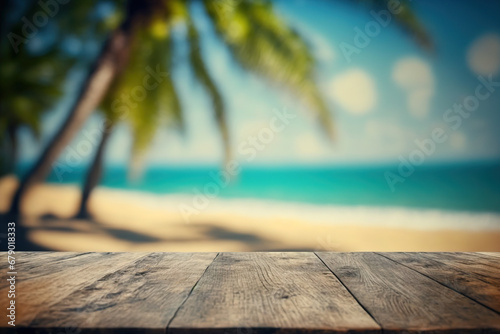 Empty rustic wooden table on blur background of beautiful beach for mockup summer product display or travel ad. Picnic table with customizable space on table-top for editing. Flawless generative ai