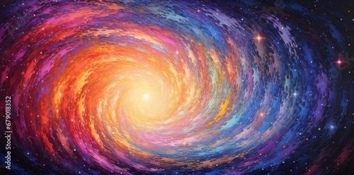 Eclectic Spiral Galaxy Painting with a Scatter of Diverse Colors.