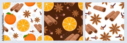 Set of Christmas seamless patterns with cartoon spices and oranges. Vector holiday background.
