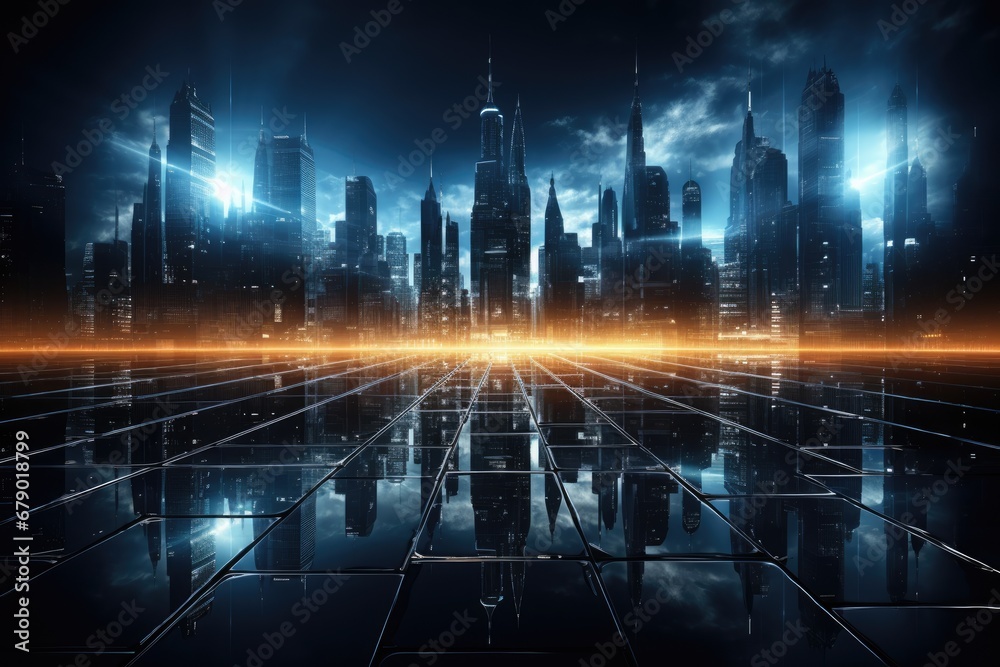 Cyber dark night city landscape background. Light glowing on dark scene by Generative AI