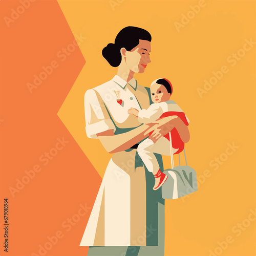 illustration 50s female nurse carrying a baby 