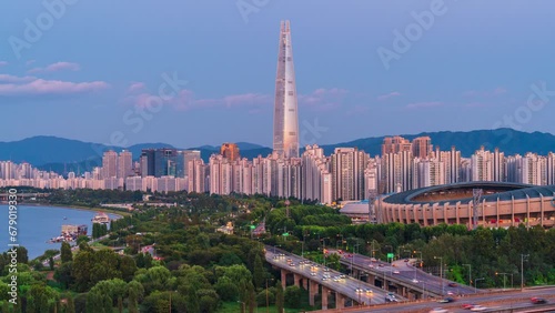 Time-lapse of Lotte World Tower and complex road traffic in Seoul, South Korea, September 29, 2023.