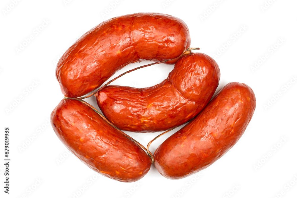 Sausages with cheese inside isolated on white background. Smoked Belgian sausages. Sausages with cheese inside isolated on white background. Smoked Belgian sausages.