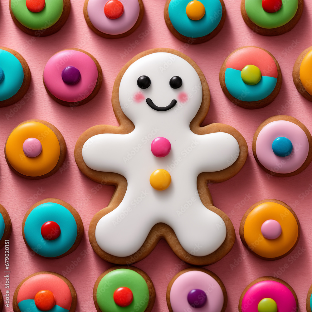 Gingerbread man on a pink background, many delicious colored cookies. Christmas card. Generative AI