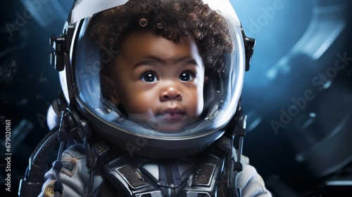 Portrait of a astronaut child with the spacesuit and helmet in the spaceship background.