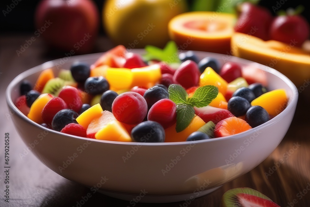Fresh fruit salad in a bowl on wooden background. Selective focus