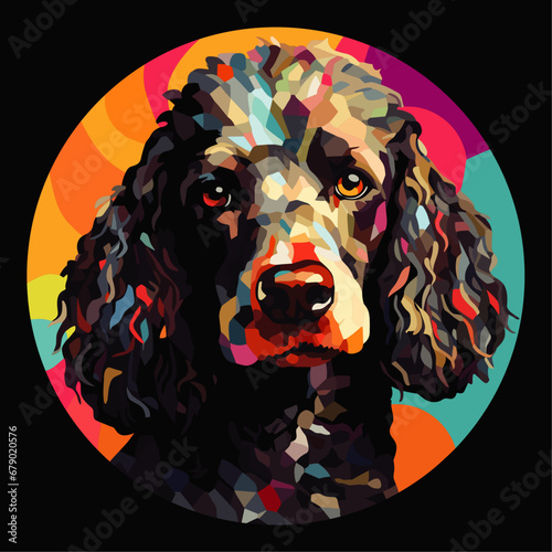 Vector Art Illustration of a Standard Poodle Dog Cubist Style Inside a Circular Frame on a Black Background