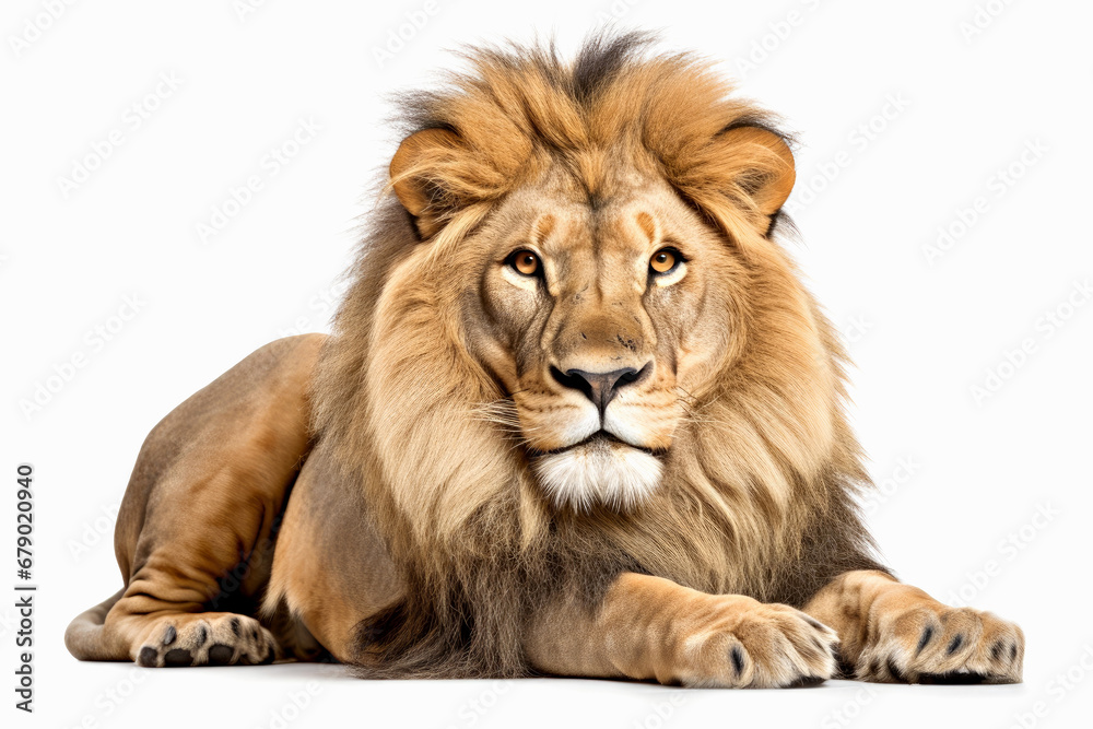 Lion lying down, isolated on white background, front view.