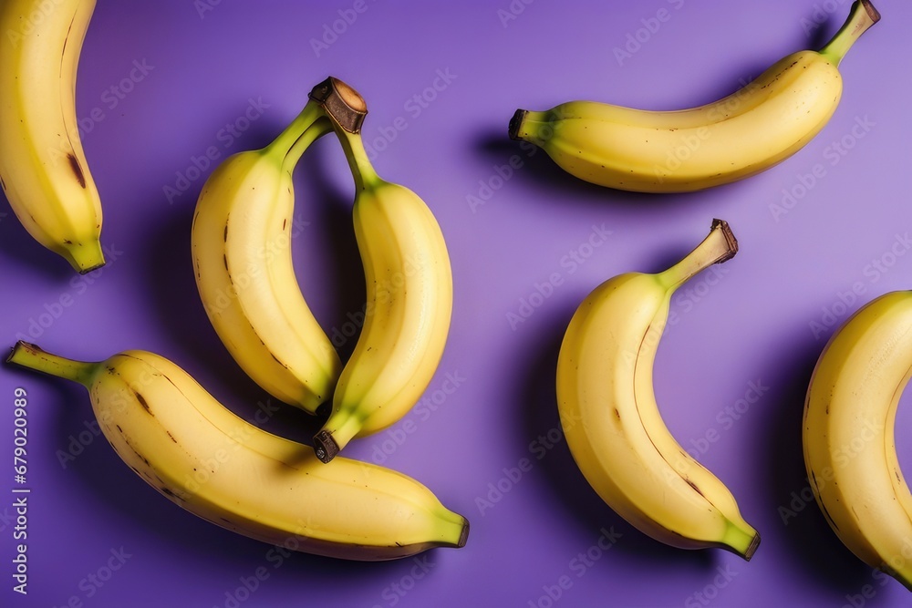 Bunch of bananas on purple background. Flat lay, top view Bunch of bananas on purple background. Flat lay, top view
