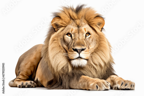 Lion lying down, isolated on white background, front view. © Yaroslav