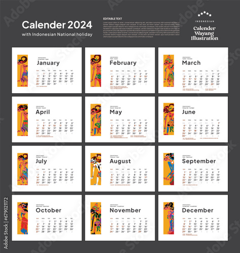 Annual calendar 2024 with Indonesia National Holiday Landscape template layout Editable Text