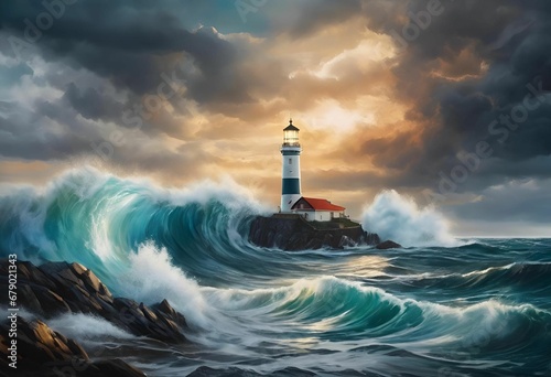 lighthouse on a stormy day with crashing waves, oil on canvas by james a bo