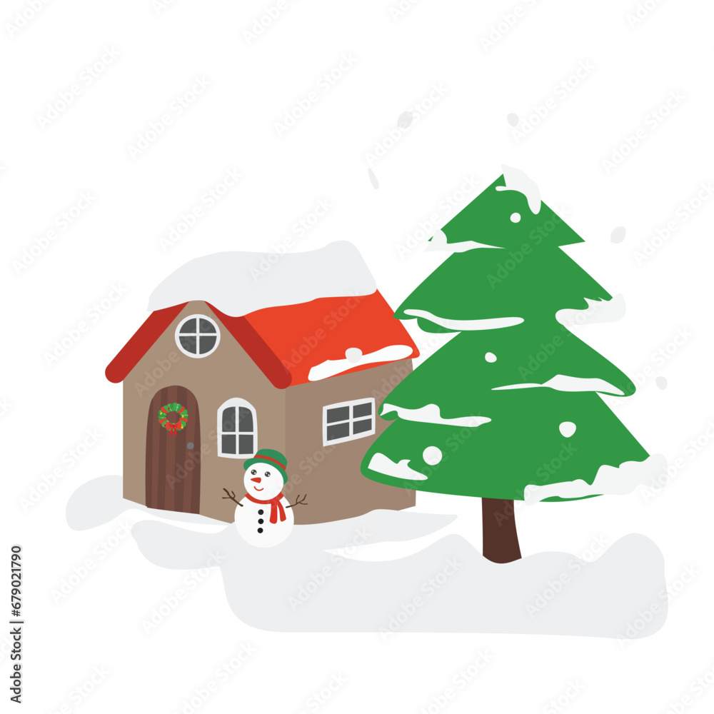 Winter landscape. Snow house. House and tree in winter snow. Merry christmas and happy new year clip art. Flat vector in cartoon style isolated on white background.
Winter landscape. Snow house. House and tree in winter snow. Merry christmas and happy new year clip art. Flat vector in cartoon style isolated on white background.