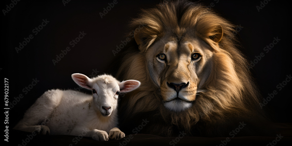 The Lion and the Lamb together Image on black background, The lion and the lamb together siting on black background, A lion and a lamb on a black background, generative AI

