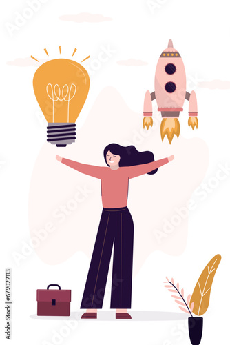 Businesswoman holds an idea light bulb and startup rocket. Woman founder of business with an innovative idea is launching new project. Successful female entrepreneur