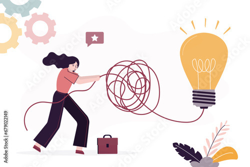 Businesswoman untangle messy line of idea light bulb or simplify problem. Complex business idea, untangle or solve business problem, solution for chaos situation.