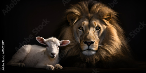 The Lion and the Lamb together Image on black background  The lion and the lamb together siting on black background  A lion and a lamb on a black background  generative AI  