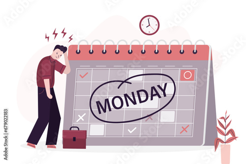 Tired businessman going to work, calendar showing Monday. Depression and sadness worker man. Monday blues, tired and fear of routine office work, s