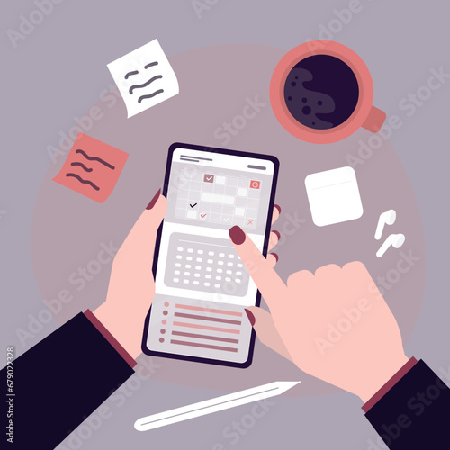 Business schedule utility, mobile application. Reminder app, notification on smartphone, female character hands uses planner on phone. Time management,
