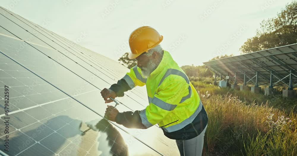 Solar panel, maintenance and man with construction work with renewable energy and electricity project. Male contractor, sustainability and roof with eco friendly service on rooftop with installation Solar panel, maintenance and man with construction work with renewable energy and electricity project. Male contractor, sustainability and roof with eco friendly service on rooftop with installation