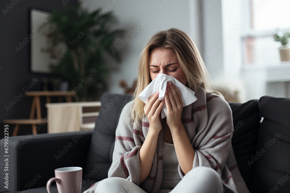 girl with a cold or allergy blows her nose into a handkerchief girl with a cold or allergy blows her nose into a handkerchief