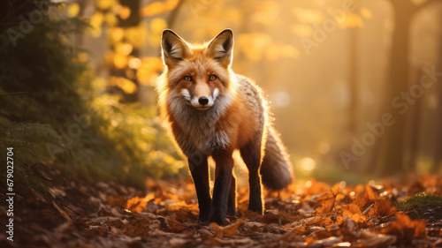 realistic fox with bushy tail and black ears, walking on a dirt path through a forest with tall trees and colorful leaves, with rays of sunlight and mist creating magical atmosphere