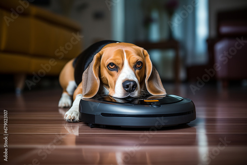 beagle dog lying near a robot vacuum cleaner