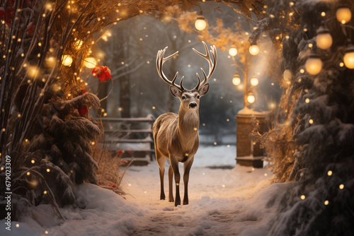 beautiful deer walk through the festively decorated New Year's yard