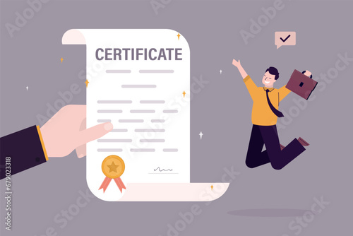 Human hand give certificate paper for happy student with for work achievement. Certificate on taking course, award for best work or diploma document.
