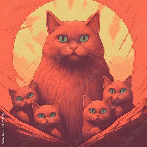 夕焼けに包まれた猫家族