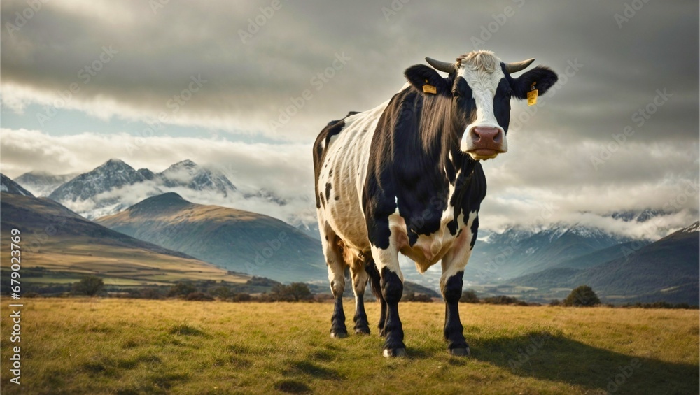 Dramatic Mountain Landscape with a Black and White Cow Dramatic Mountain Landscape with a Black and White Cow