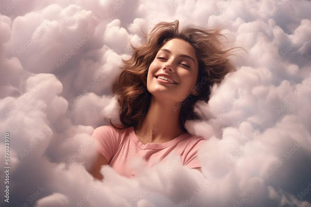 portrait of a happy woman lying in the clouds