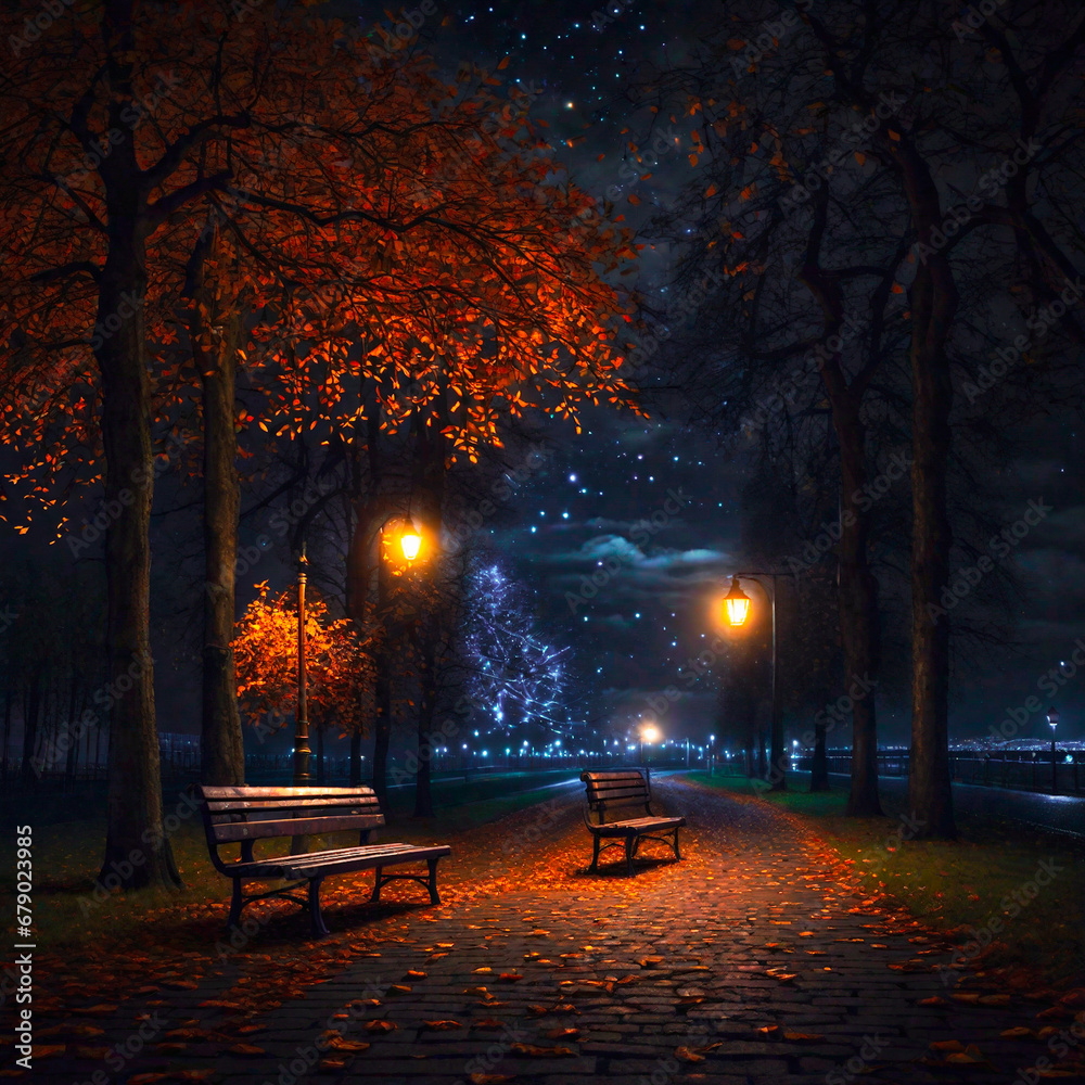 Mystical 8K street view: Dark autumn beauty with glowing lamps, stars, and an abandoned bench. 