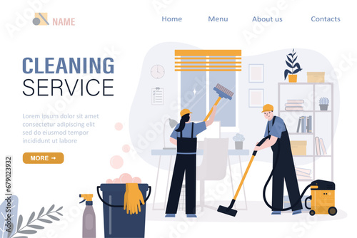 Cheerful cleaning team wash window and floor. Group of janitors, cartoon characters. Staff dressed in uniform. Cleaning service, landing page template.