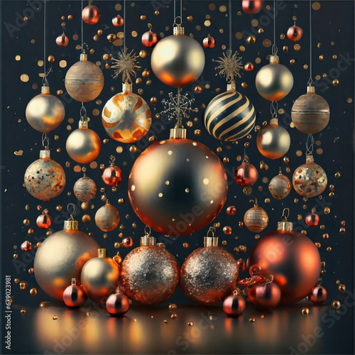 Christmas celebration holiday banner template greeting card panorama - Collection of golden Christmas baubles forming a border - Generative AI