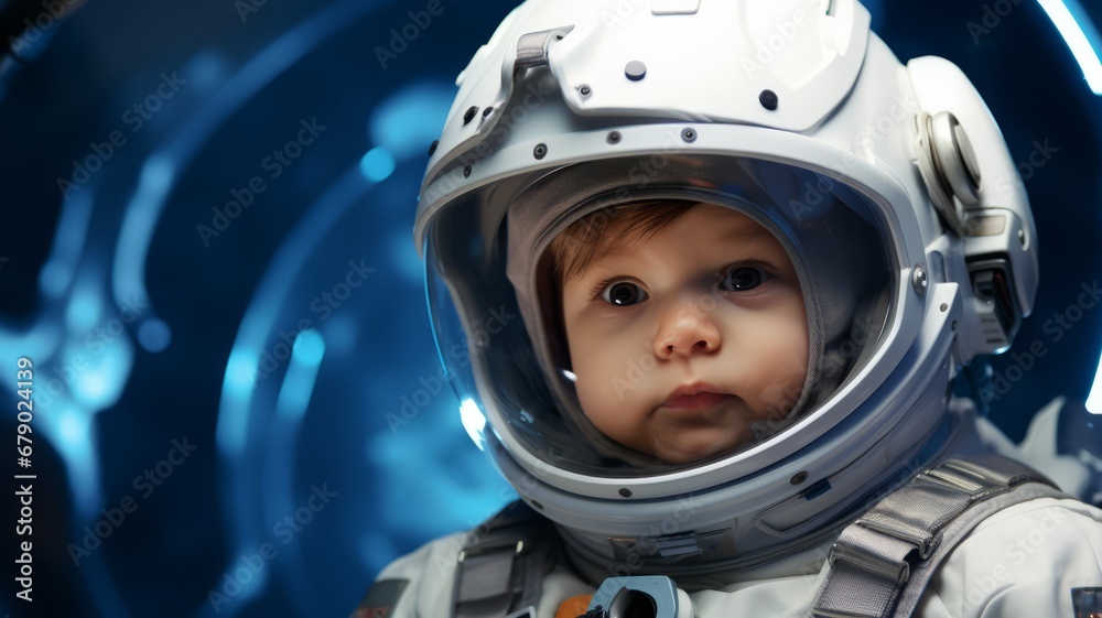 Portrait of a astronaut child with the spacesuit and helmet in the spaceship background. Portrait of a astronaut child with the spacesuit and helmet in the spaceship background.