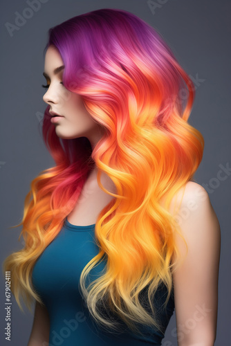 Creative hairstyle, beautiful sensual woman with gorgeous flowing hair colored with a gradient