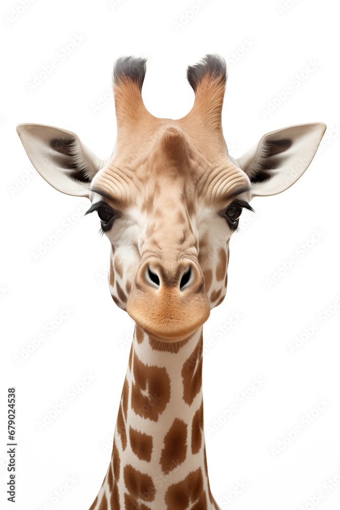 Fototapeta premium Giraffe close-up portrait, isolated on white background. Front view