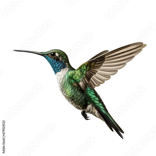 Beautiful hummingbird colibri in flying, isolated on white background