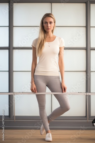 A woman model at the gym wearing a white blank outfit for mockup