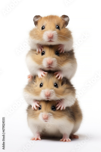 Hamsters are sitting on each other, funny creative ai isolated on white background