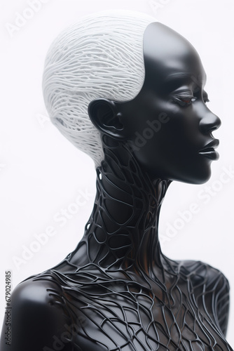 Gorgeous matte black woman with pure white hairs, abstract plexus texture on the hairs and body. Artistic female statue isolated on white background. 