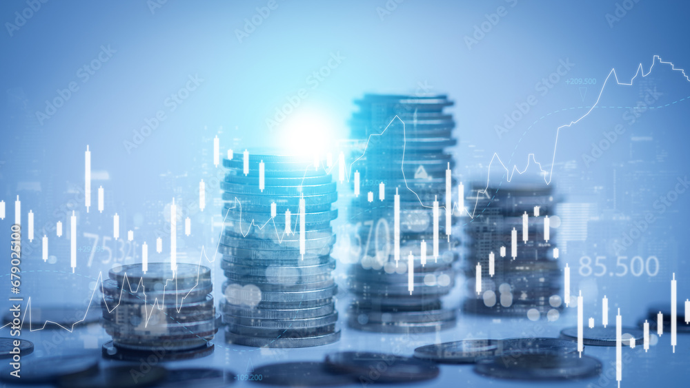 Double exposure of coins and city background for finance and banking concept,Financial, investment,saving, business concept. Double exposure of coins and city background for finance and banking concept,Financial, investment,saving, business concept.