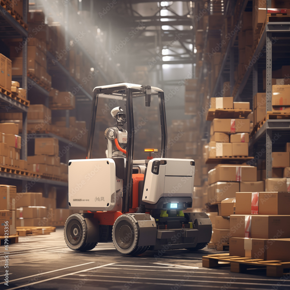 Robot driving future forklifts truck in large warehouse	
