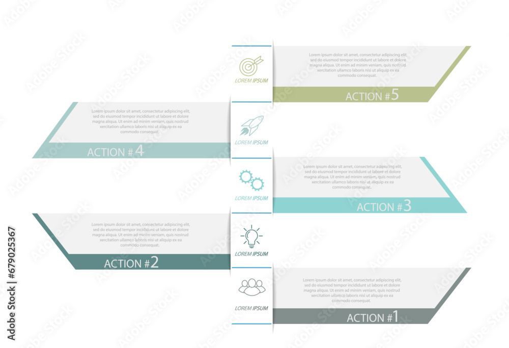 5 stages of development, improvement or training. Infographics with visual action icons for business, finance, project, plan or marketing