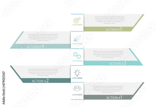 5 stages of development, improvement or training. Infographics with visual action icons for business, finance, project, plan or marketing